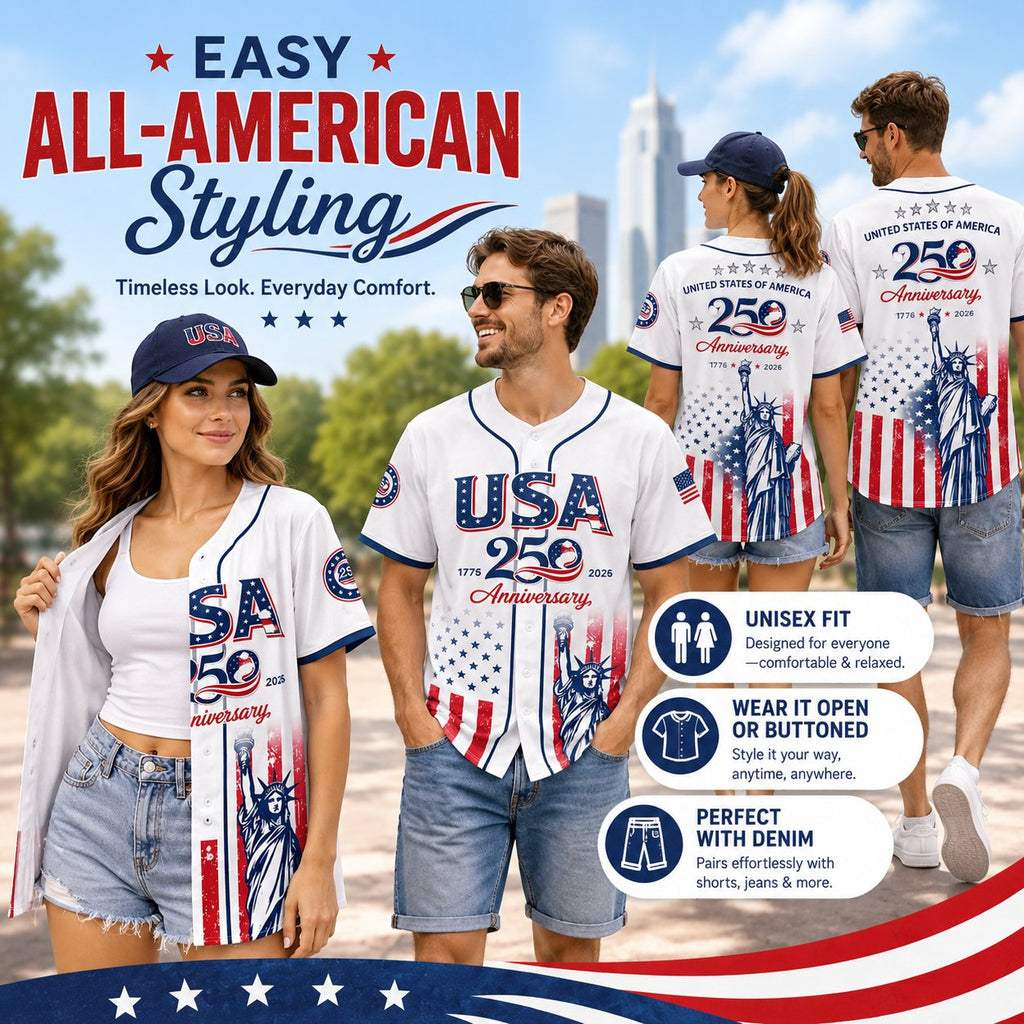 🗽 USA 250th Anniversary Baseball Jersey – Patriotic Statue of Liberty Print, 4th of July Outfit