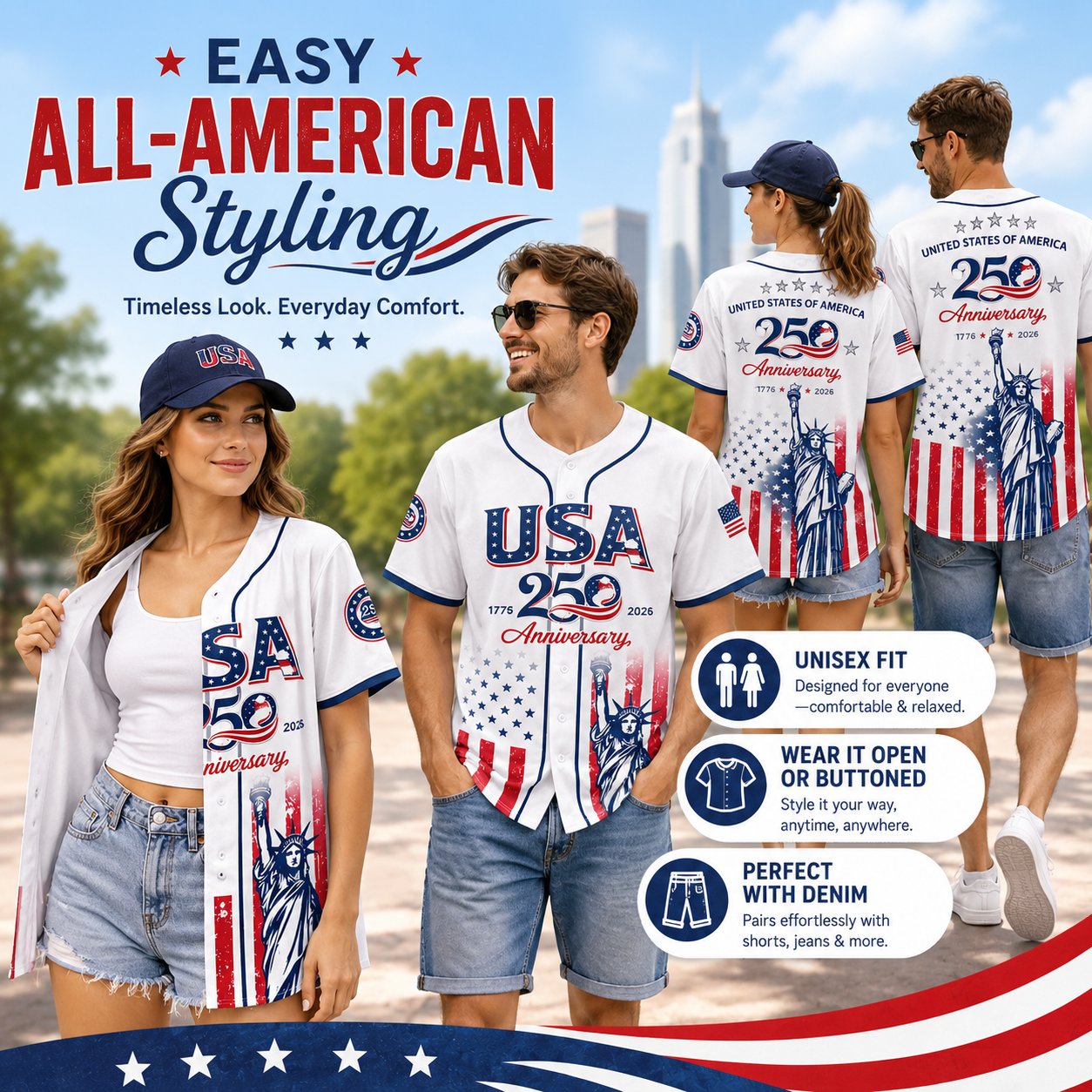 🗽 USA 250th Anniversary Baseball Jersey – Patriotic Statue of Liberty Print, 4th of July Outfit