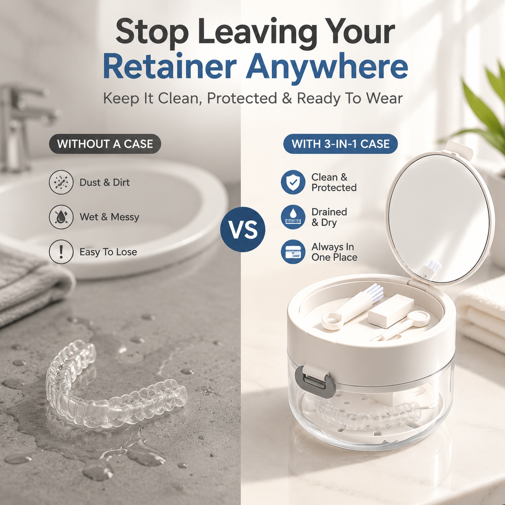💧Retainer Cleaner Case with Mirror, Brush & Drain Tray