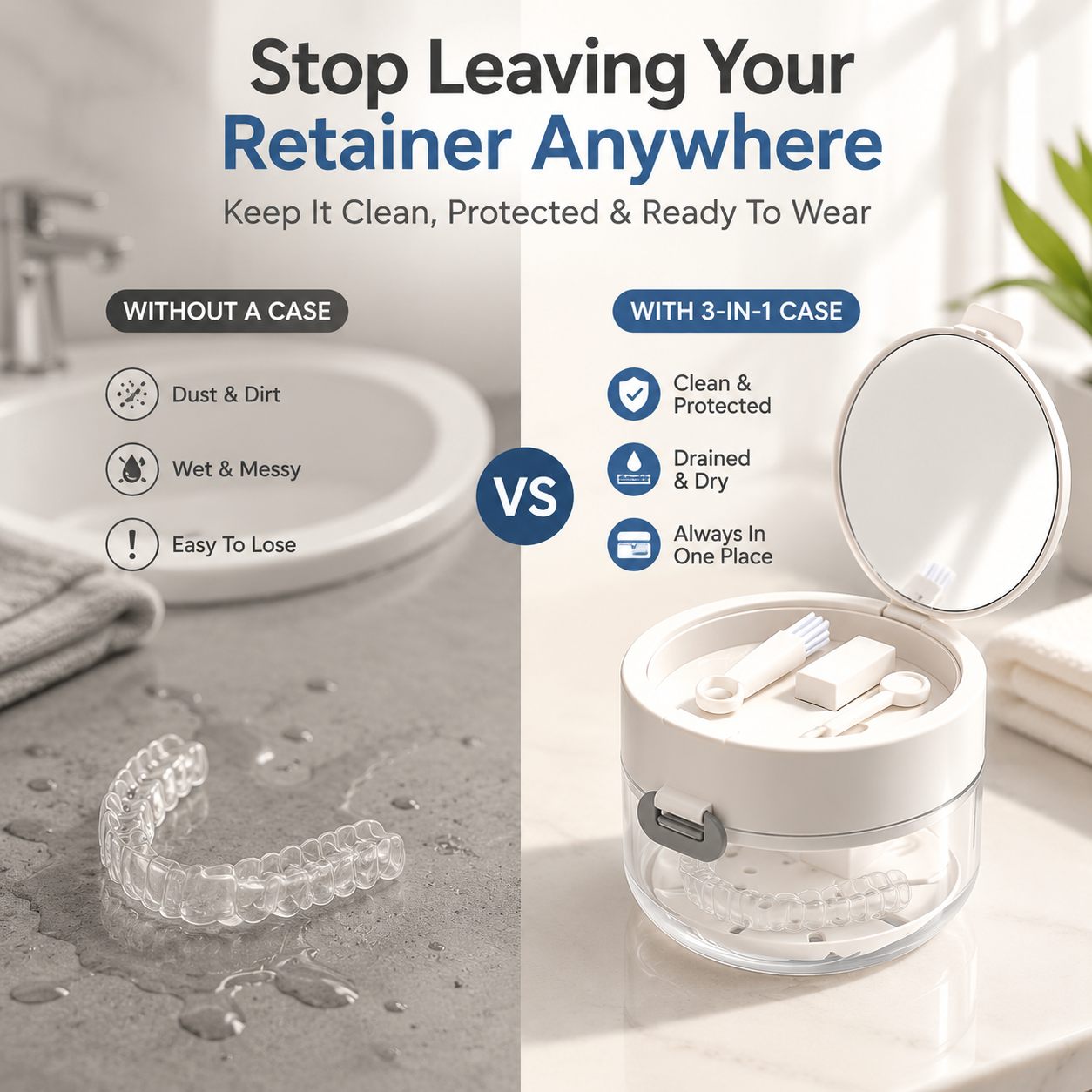💧Retainer Cleaner Case with Mirror, Brush & Drain Tray
