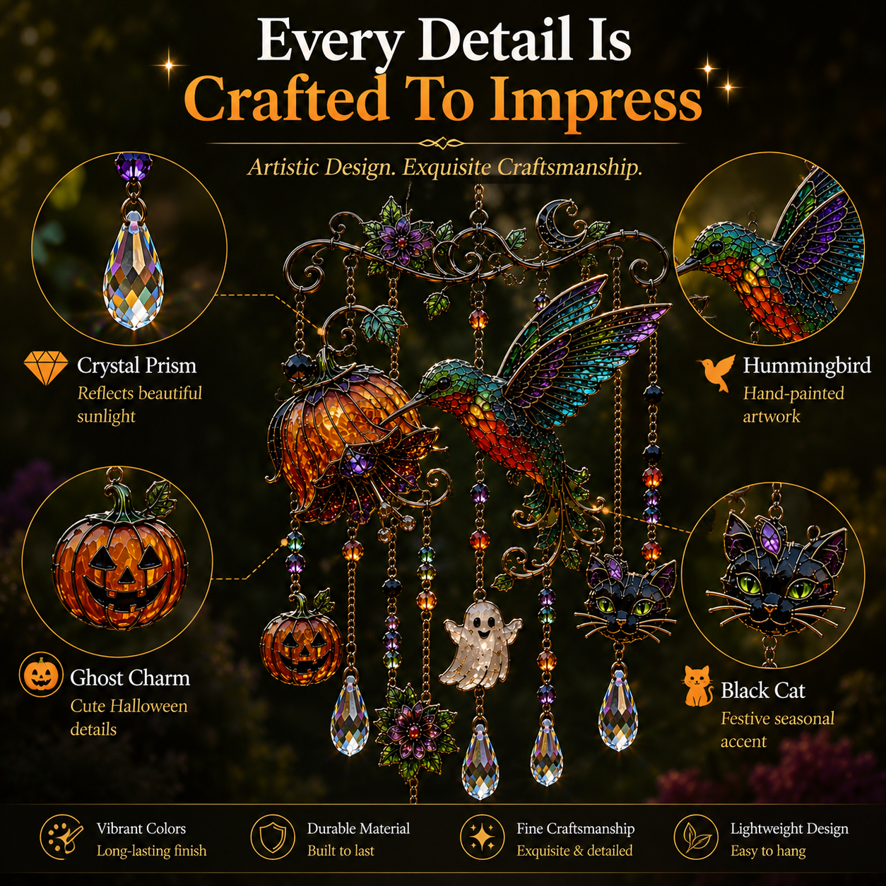 🎃 Halloween Hummingbird Wind Chime | Crystal Garden Hanging Decor