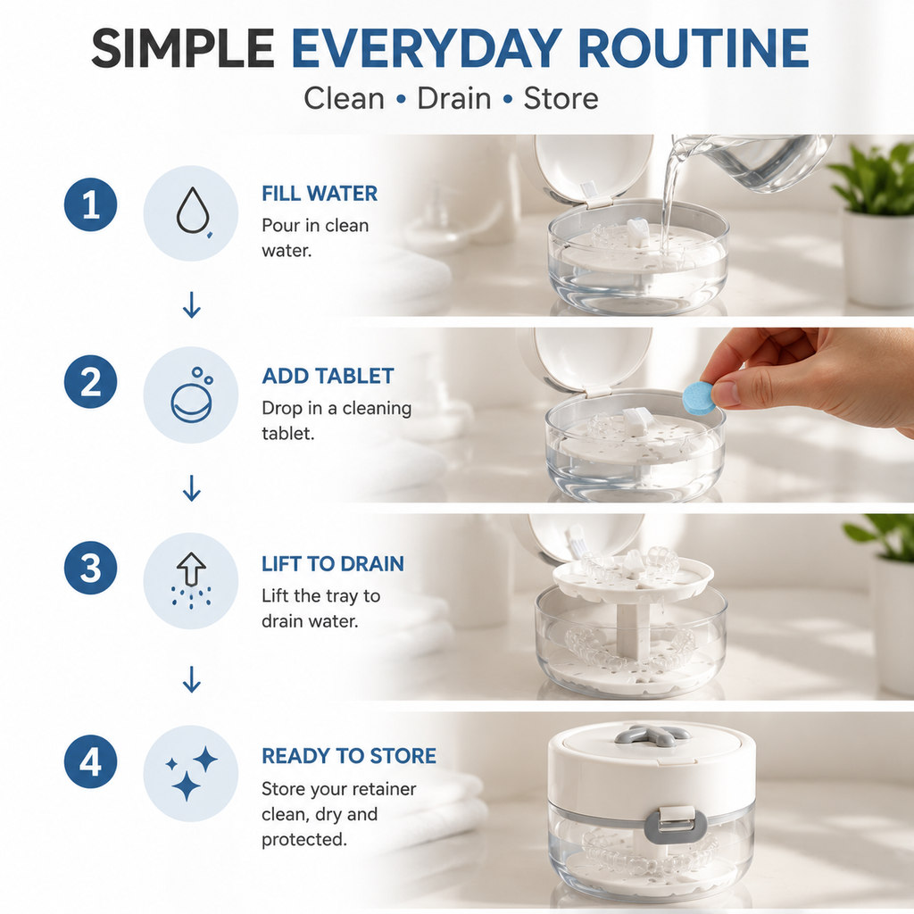 💧Retainer Cleaner Case with Mirror, Brush & Drain Tray