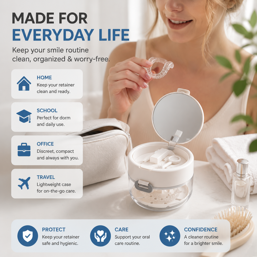 💧Retainer Cleaner Case with Mirror, Brush & Drain Tray
