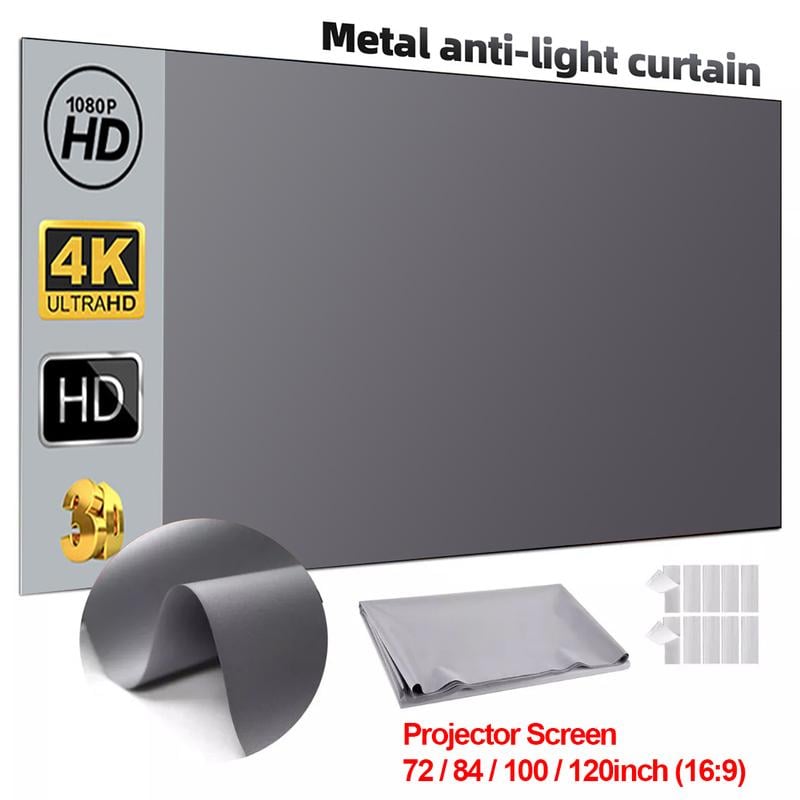 120 Inch Projector Screen, 4K Metal Lightproof Foldable Portable Movie Screen 16:9 for Home Theater Party Office Classroom Outdoor Indoor, Easy Installation with Velcro HD Projector Screen