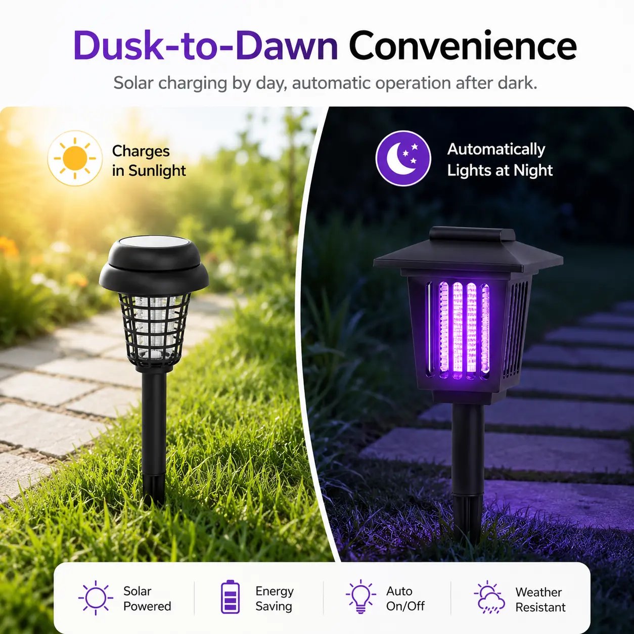 ☀️ 2-in-1 Solar Bug Zapper – UV Mosquito Killer + Soft Pathway Light, Auto Dusk-to-Dawn, IP65