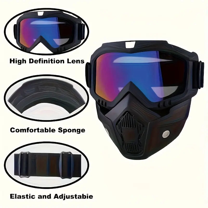 A Full-face Goggle with Anti-fog High-definition Lenses, a Detachable and Adjustable Ski Mask, and a Comfortable Sponge Pad - Made of Plastic.