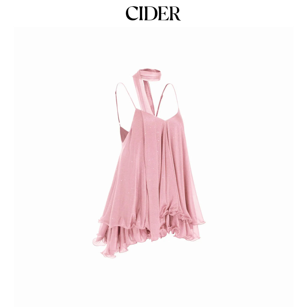 Cider V-Neck Halter Ruffled Tulle Glitter Mini Dress for Women