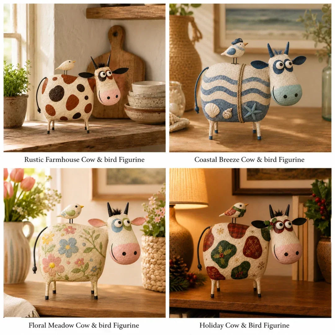 🐄Whimsical Cow & Bird Folk Art Figurine – Rustic Farmhouse Tabletop Decor Gift