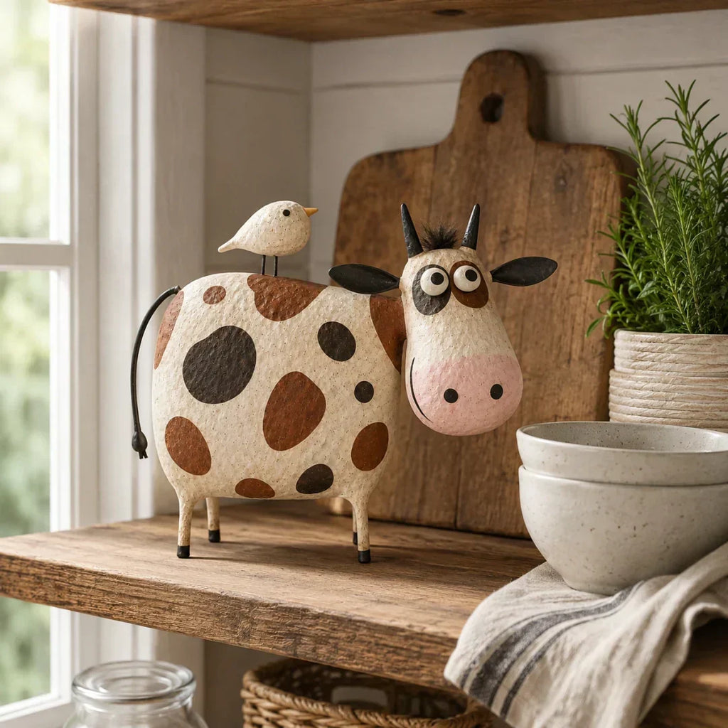 🐄Whimsical Cow & Bird Folk Art Figurine – Rustic Farmhouse Tabletop Decor Gift
