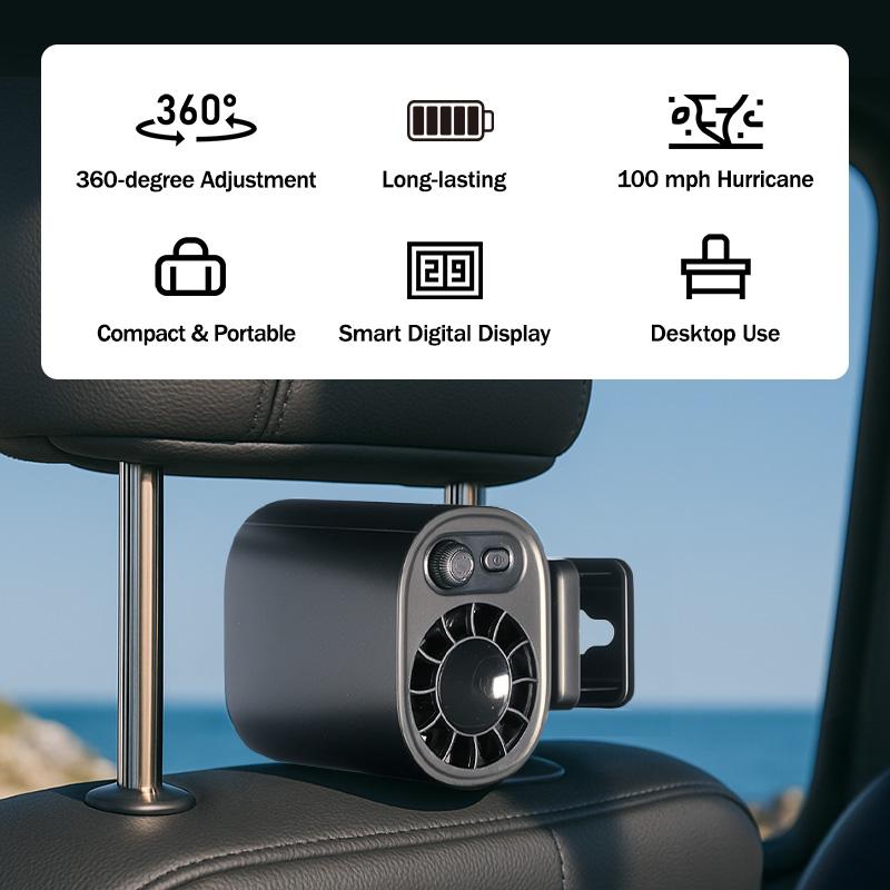 ❄️2026 Car Clip On Fan with LED Display - USB Rechargeable Personal Cooling Fan, 20Hr Battery