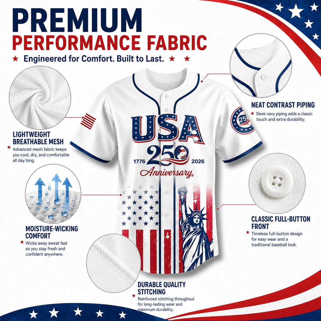 🗽 USA 250th Anniversary Baseball Jersey – Patriotic Statue of Liberty Print, 4th of July Outfit