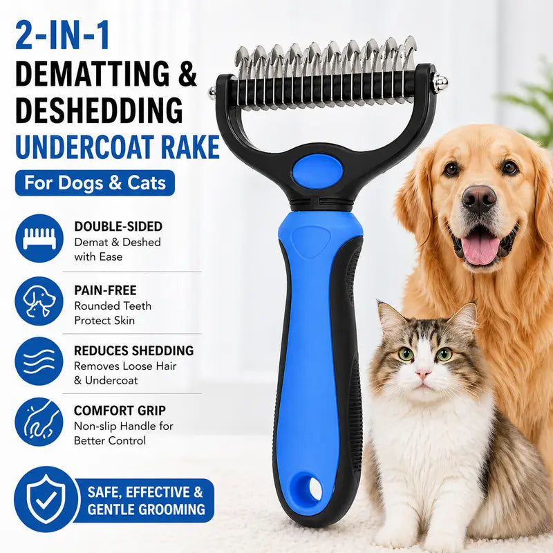 🔥Professional Double-Sided Pet Grooming Rake，Undercoat Deshedding Tool for Dogs & Cats