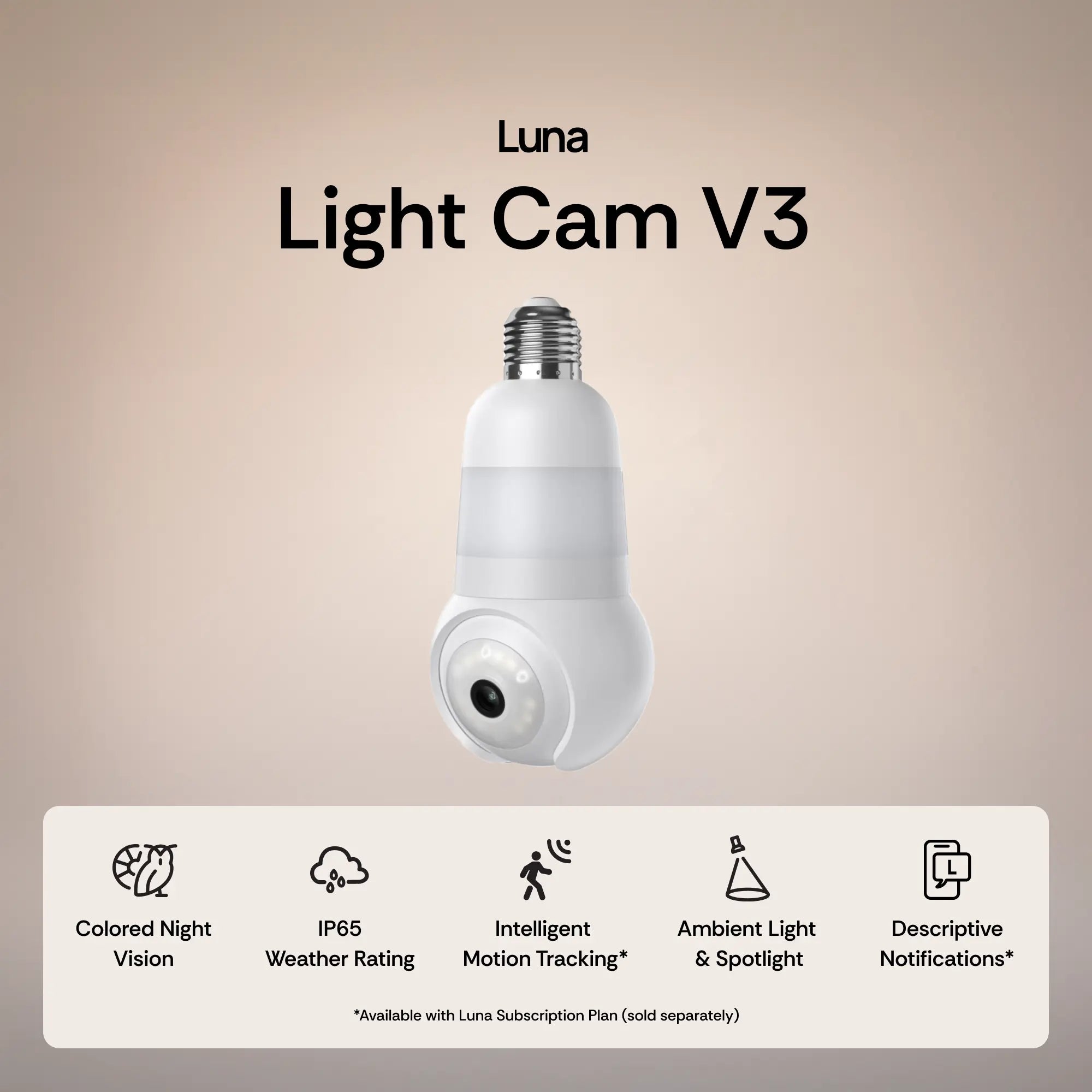Luna Light Bulb Security Cam -2K 2.4GHz/5GHz WiFi, Indoor Outdoor Surveillance Monitoring Camera for Home, 360° Pan/Tilt, Color Night Vision, Built-In LED & Spotlight, Easy Installation