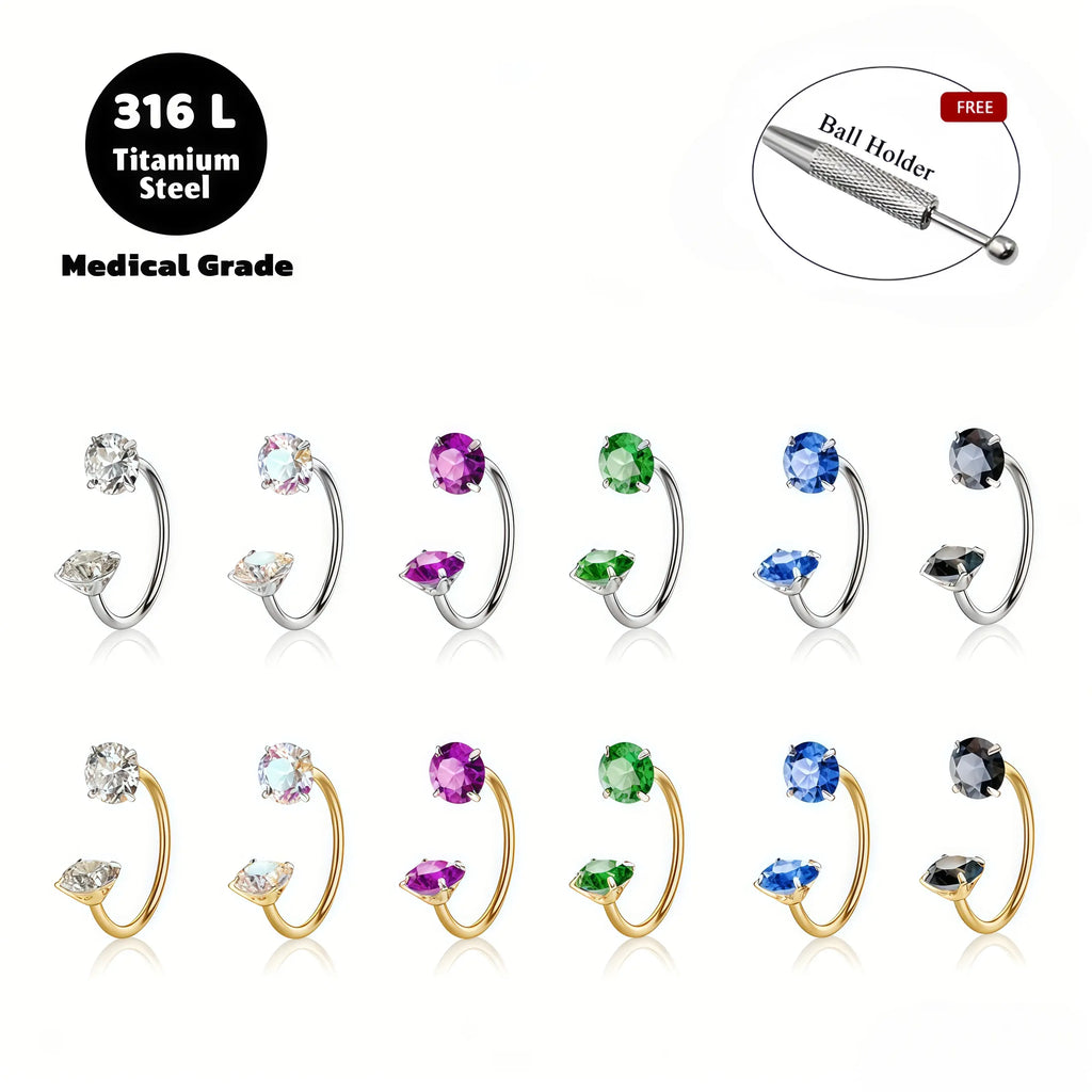 6pcs Value Pack 316L medical-grade titanium steel 18G 1.0mm Horseshoe Nose Hoop Internally Threaded Gems Nose Ring with Free Ball Holder & Guiding Needle