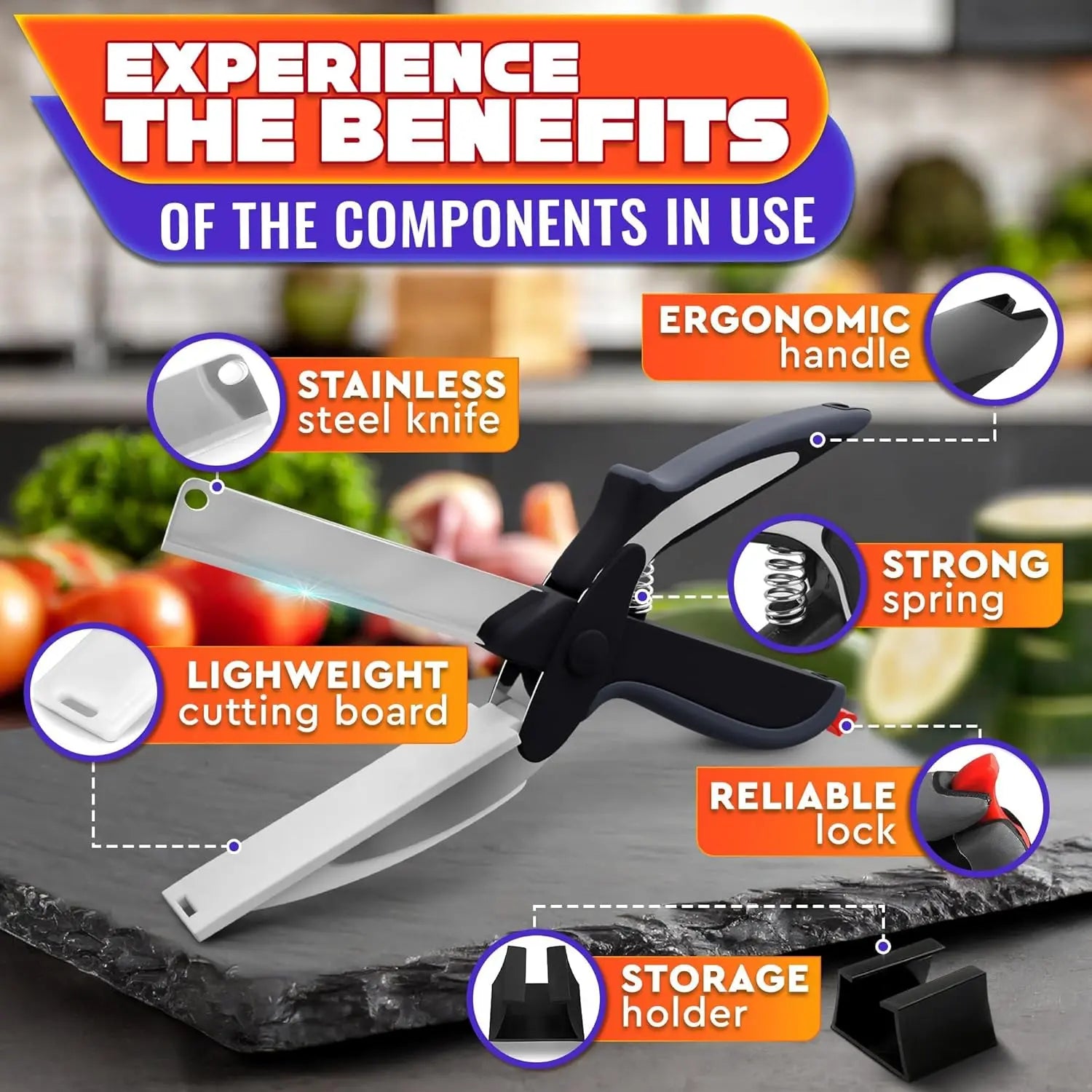 2 in 1 Kitchen Scissors– Stainless Steel Blade & Plastic Cutting Board Scissors
