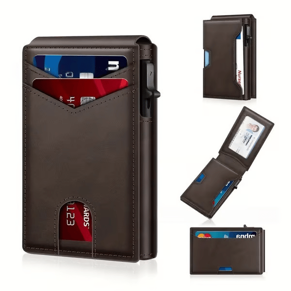 💼🔒Premium Aluminum RFID Blocking Minimalist Wallet for Men - Pop-Up Card Access, ID Window