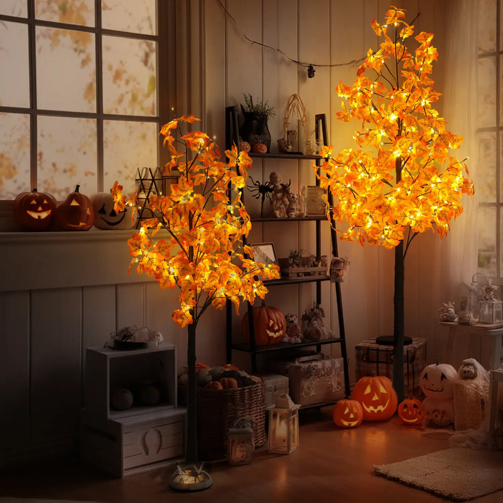 6FT LED Artificial Maple Tree, 160 Warm White Lights Fall Decor Tree with Orange Leaves, Knock-Down Lighted Maple Tree for Thanksgiving Halloween Indoor Outdoor Autumn Home Decor