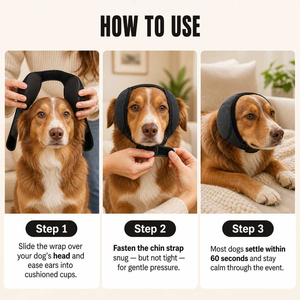 Ezvara™ Noise Cancelling Dog Ear Wrap – Calming Ear Cover for Fireworks & Thunderstorms