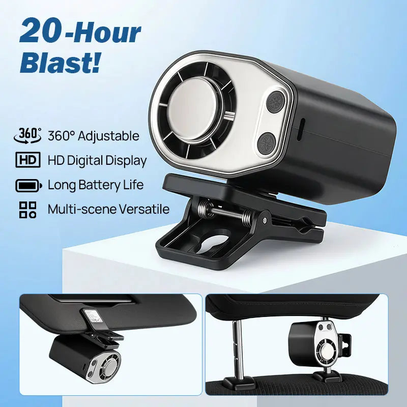 ❄️2026 Car Clip On Fan with LED Display - USB Rechargeable Personal Cooling Fan, 20Hr Battery
