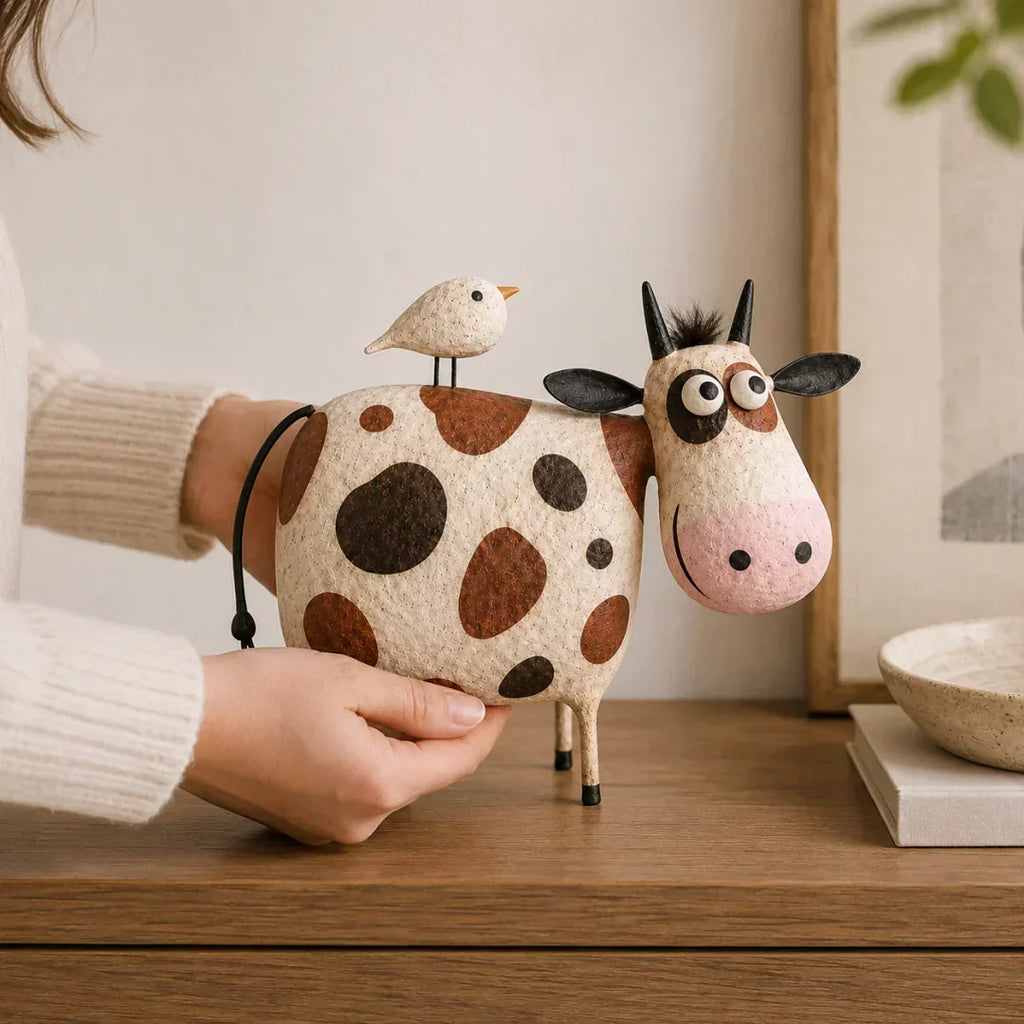 🐄Whimsical Cow & Bird Folk Art Figurine – Rustic Farmhouse Tabletop Decor Gift