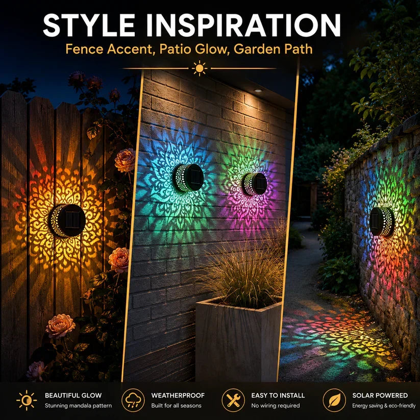 Solar Mandala Wall Light Outdoor Garden Fence Projector Lamp Patio Ambient Decor