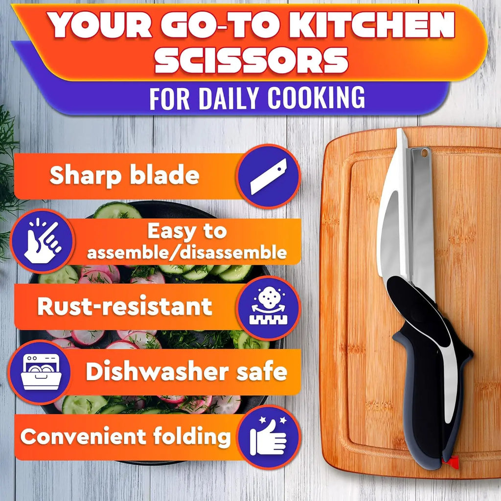 ✂2 in 1 Kitchen Scissors– Stainless Steel Blade & Plastic Cutting Board Scissors