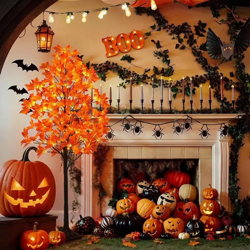 6FT LED Artificial Maple Tree, 160 Warm White Lights Fall Decor Tree with Orange Leaves, Knock-Down Lighted Maple Tree for Thanksgiving Halloween Indoor Outdoor Autumn Home Decor