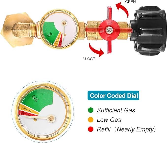 ⛽ Premium Brass Propane Refill Adapter with Gauge | QCC1 Connector