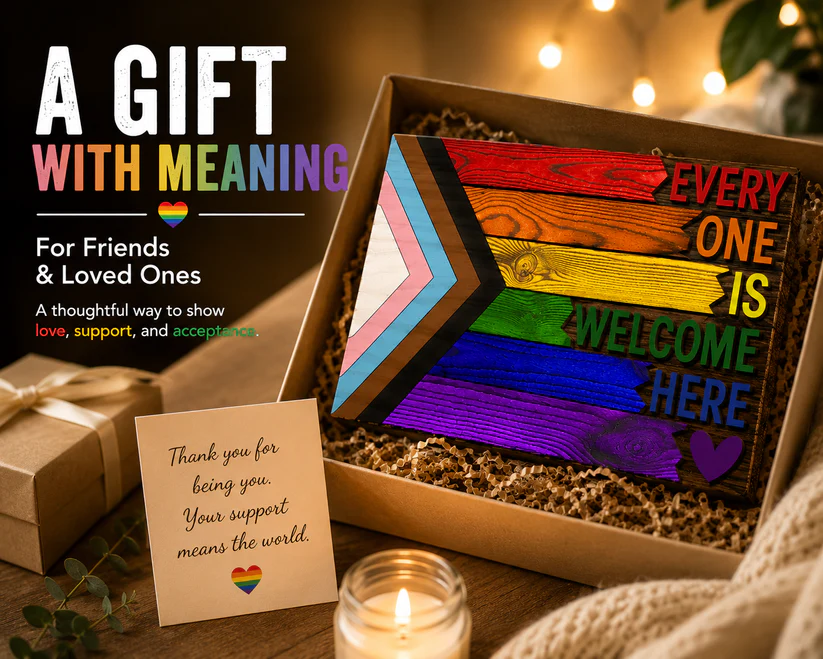 Everyone Is Welcome Here™ | Handmade 3D Progress Pride Flag Wood Sign