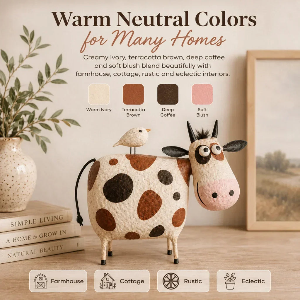 🐄Whimsical Cow & Bird Folk Art Figurine – Rustic Farmhouse Tabletop Decor Gift