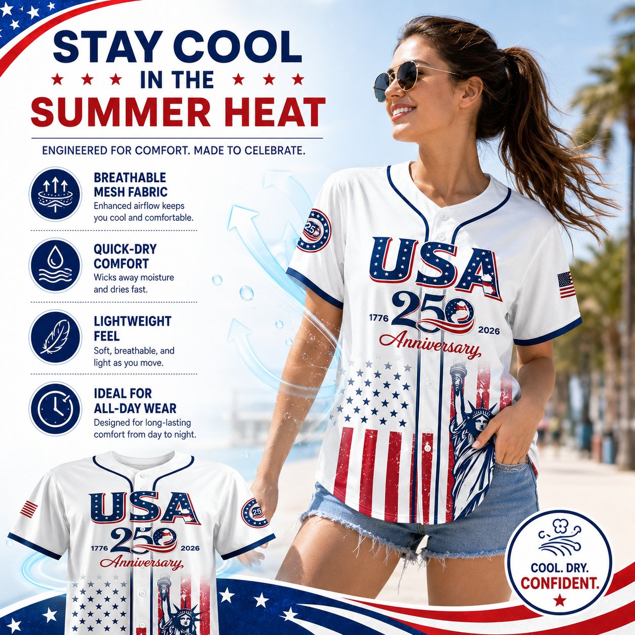🗽 USA 250th Anniversary Baseball Jersey – Patriotic Statue of Liberty Print, 4th of July Outfit