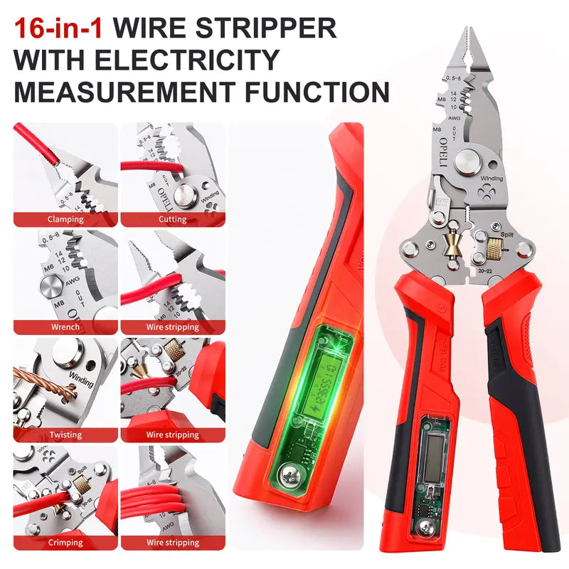 16-in-1 Wire Stripping Pliers, 2026 New Rechargeable Wire Strippers Tool with Voltage Tester&Alarms, Detectable 12-250V, Heavy-Duty Electrical Pliers&Wire Cutters