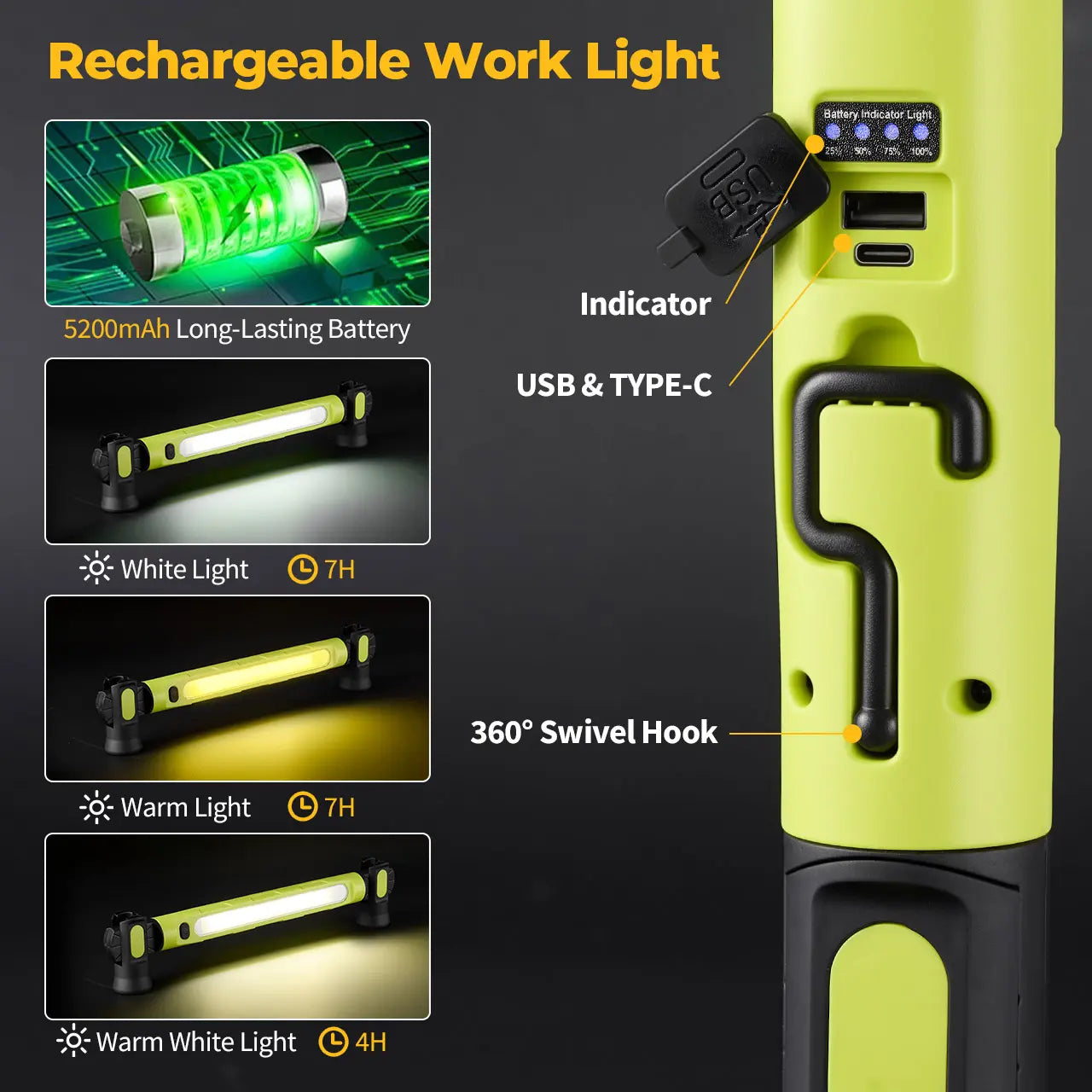 Under Hood Work Light Bar, 3000LM LED Magnetic Light Bar with Hooks, 5200mAh Cordless Rechargeable Hood Light Fathers Day Dad Gifts for Men/Mechanic/Car Repairing/Garage