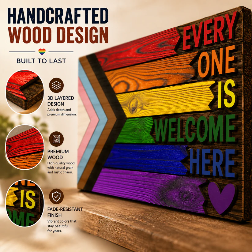 Everyone Is Welcome Here™ | Handmade 3D Progress Pride Flag Wood Sign