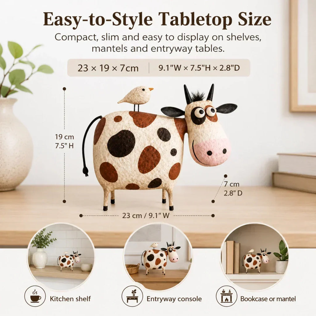 🐄Whimsical Cow & Bird Folk Art Figurine – Rustic Farmhouse Tabletop Decor Gift
