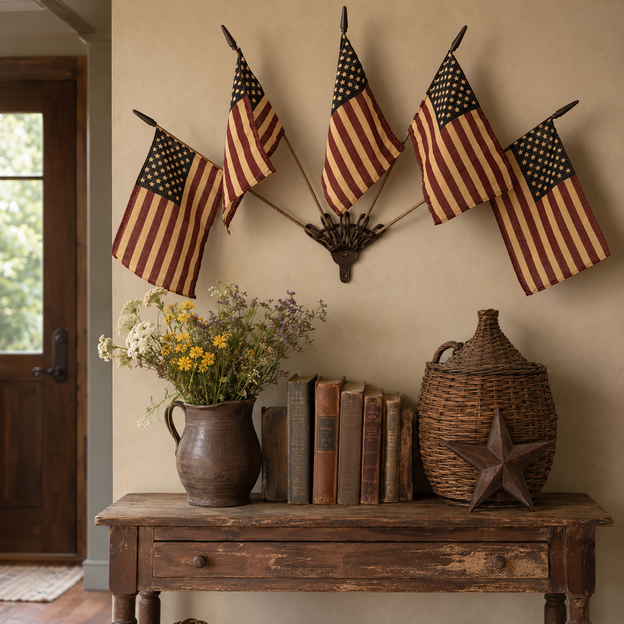 Five Tea-Stained Flags In A Rustic Cast Iron Wall Display