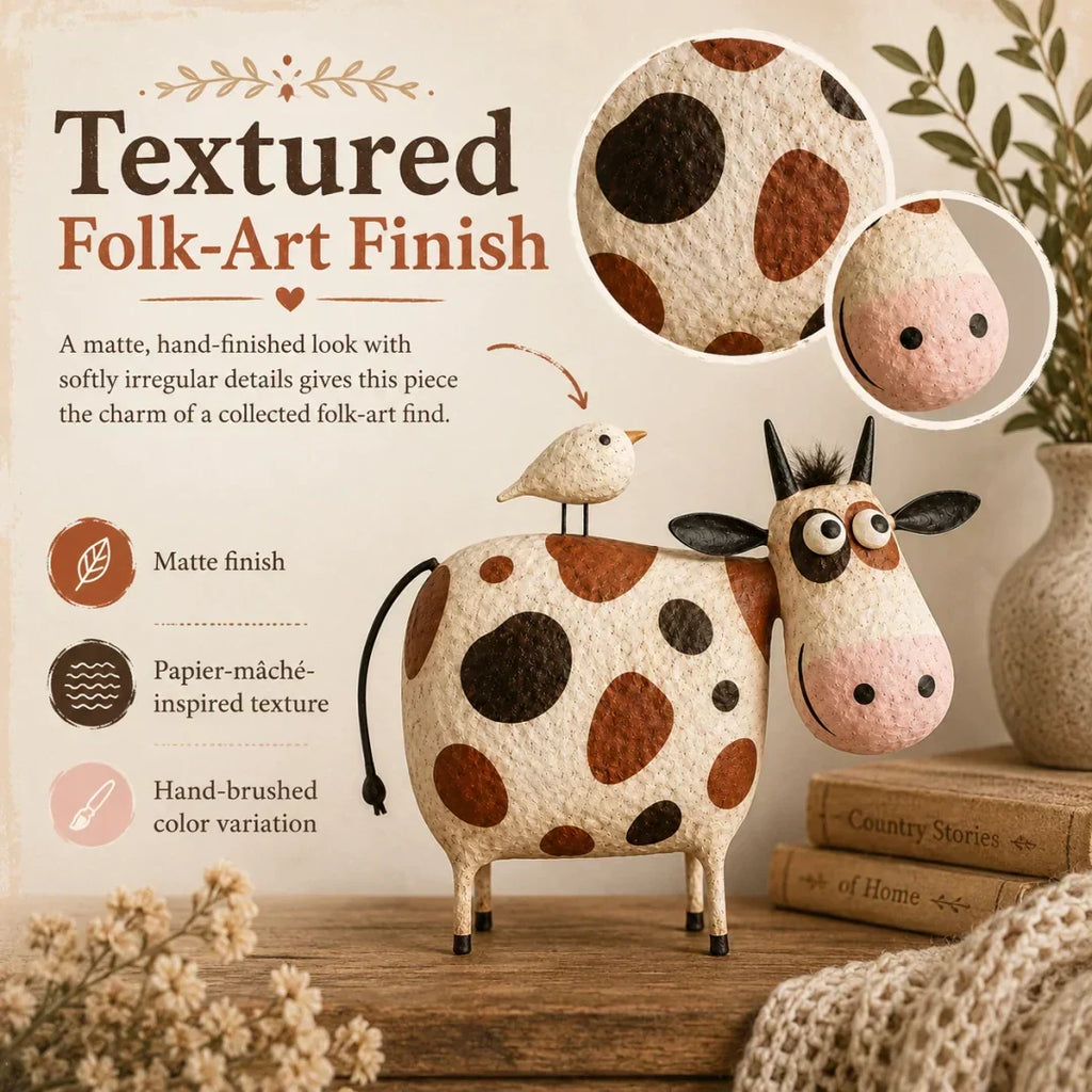 🐄Whimsical Cow & Bird Folk Art Figurine – Rustic Farmhouse Tabletop Decor Gift