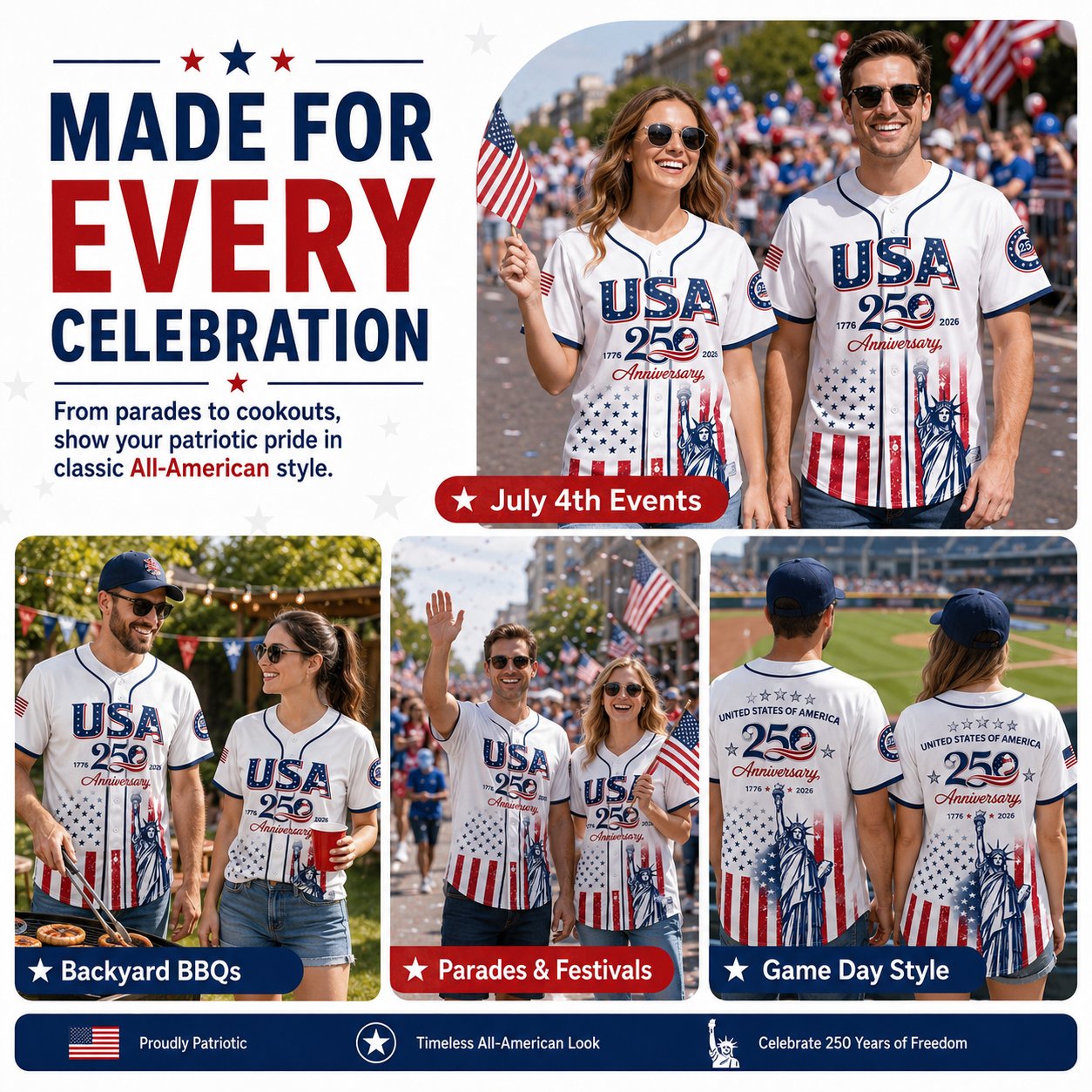 🗽 USA 250th Anniversary Baseball Jersey – Patriotic Statue of Liberty Print, 4th of July Outfit