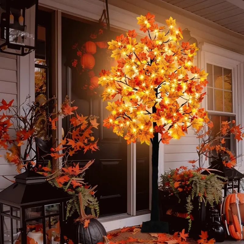 6FT LED Artificial Maple Tree, 160 Warm White Lights Fall Decor Tree with Orange Leaves, Knock-Down Lighted Maple Tree for Thanksgiving Halloween Indoor Outdoor Autumn Home Decor