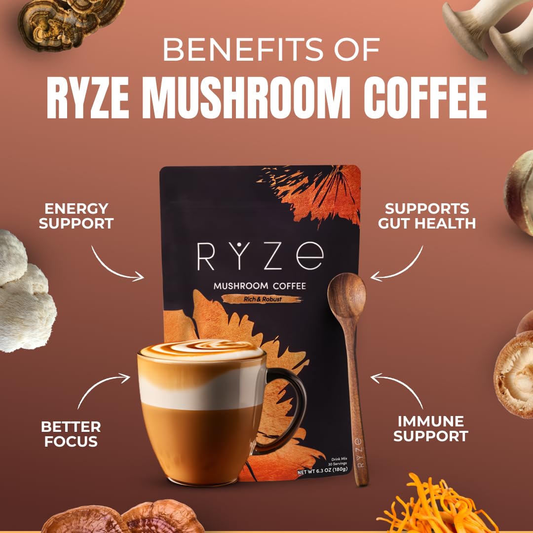 RYZE SUPERFOODS Mushroom Medium Roast Coffee USDA Organic with 6 Adaptogenic Mushrooms, USA Grown Instant Coffee for Better Energy, Focus Digestion Immunity with Lions Mane & Turkey Tail 30. Pack of 1