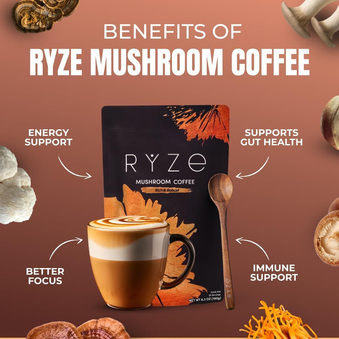 RYZE SUPERFOODS Mushroom Medium Roast Coffee USDA Organic with 6 Adaptogenic Mushrooms, USA Grown Instant Coffee for Better Energy, Focus Digestion Immunity with Lions Mane & Turkey Tail 30. Pack of 1