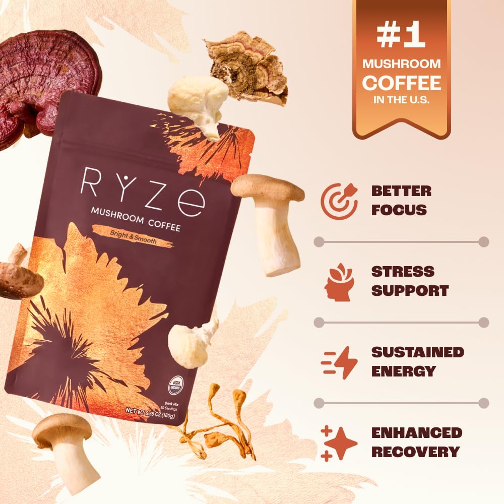 RYZE SUPERFOODS Mushroom Medium Roast Coffee USDA Organic with 6 Adaptogenic Mushrooms, USA Grown Instant Coffee for Better Energy, Focus Digestion Immunity with Lions Mane & Turkey Tail 30. Pack of 1