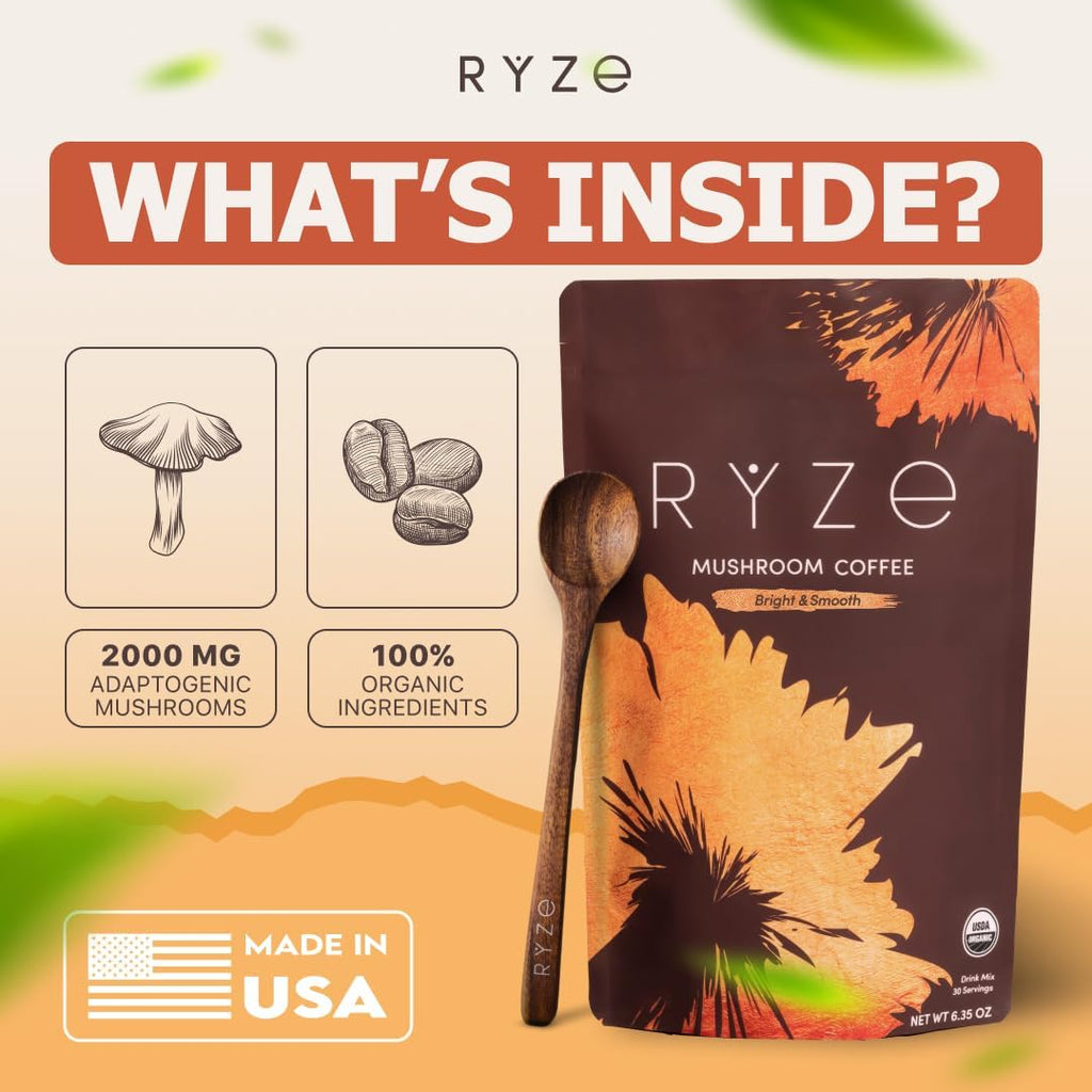 RYZE SUPERFOODS Mushroom Medium Roast Coffee USDA Organic with 6 Adaptogenic Mushrooms, USA Grown Instant Coffee for Better Energy, Focus Digestion Immunity with Lions Mane & Turkey Tail 30. Pack of 1