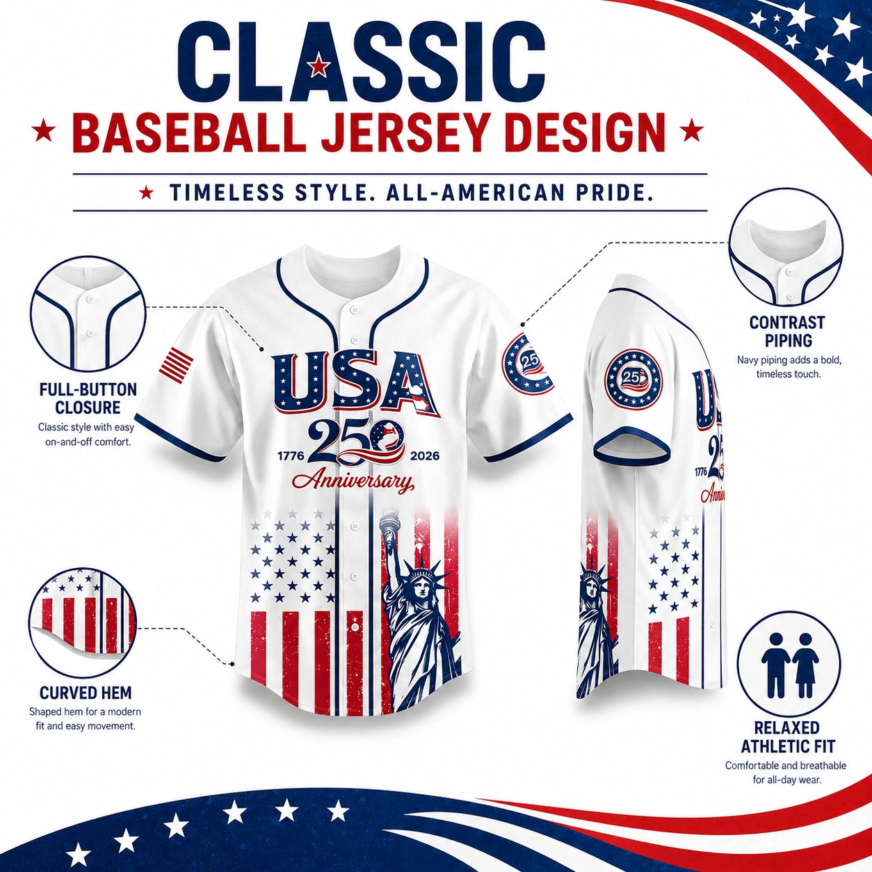 🗽 USA 250th Anniversary Baseball Jersey – Patriotic Statue of Liberty Print, 4th of July Outfit