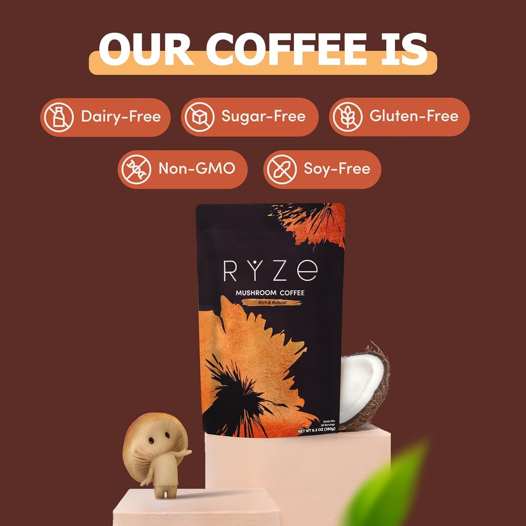 RYZE SUPERFOODS Mushroom Medium Roast Coffee USDA Organic with 6 Adaptogenic Mushrooms, USA Grown Instant Coffee for Better Energy, Focus Digestion Immunity with Lions Mane & Turkey Tail 30. Pack of 1