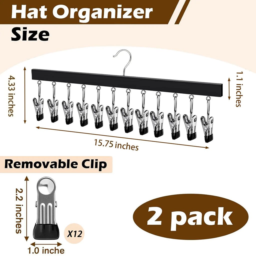 Wooden Hat Organizer with 12 Stainless Steel Clips Holds