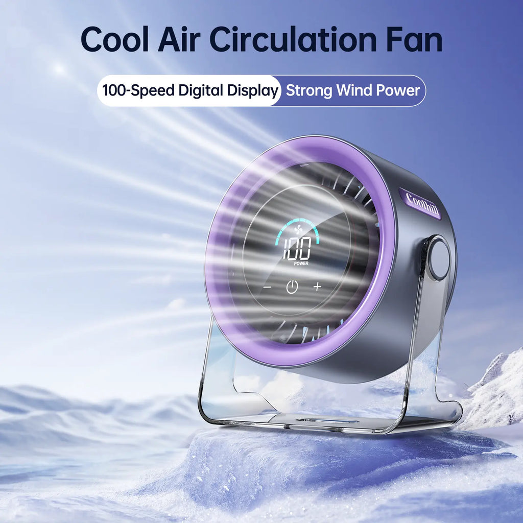 Coolhill Desktop Fan Turbo Table Fan Travel Vacation Essentials for Office 100-Speed Digital Display Low Noise Rechargeable Battery Dual Adjustment Modes Quiet Cooling Quiet Desk Fan Portable