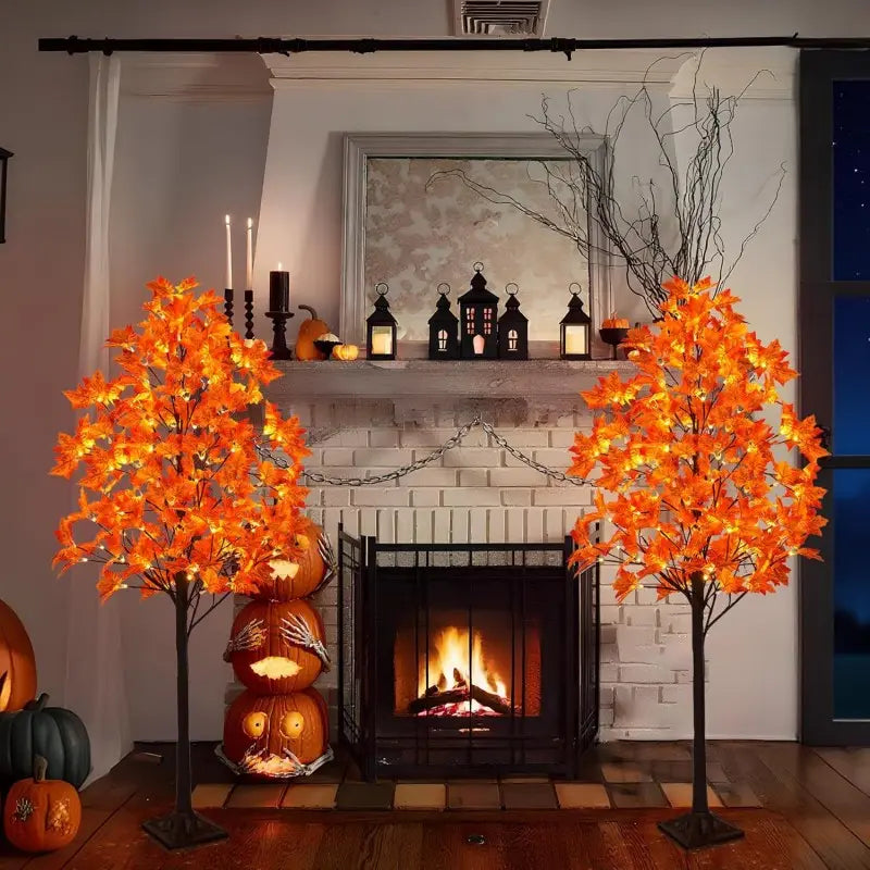 6FT LED Artificial Maple Tree, 160 Warm White Lights Fall Decor Tree with Orange Leaves, Knock-Down Lighted Maple Tree for Thanksgiving Halloween Indoor Outdoor Autumn Home Decor