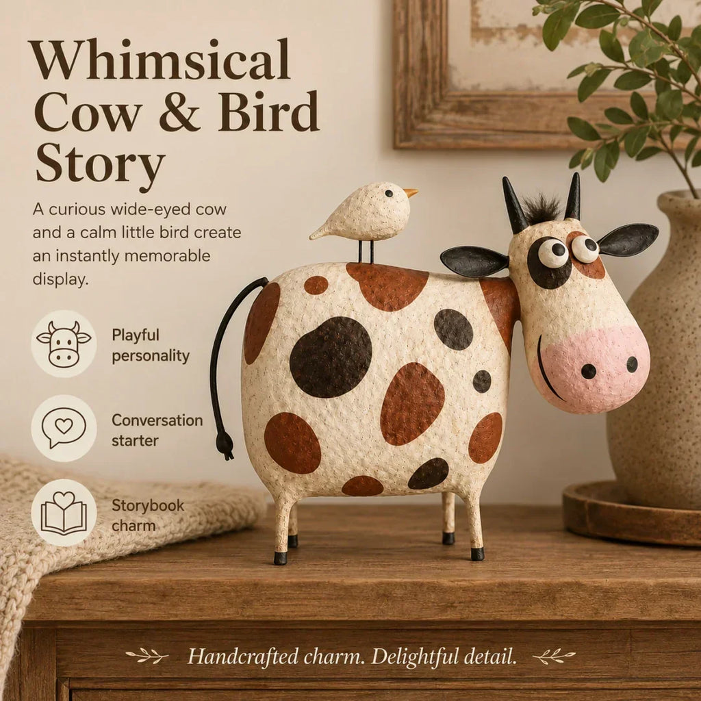🐄Whimsical Cow & Bird Folk Art Figurine – Rustic Farmhouse Tabletop Decor Gift