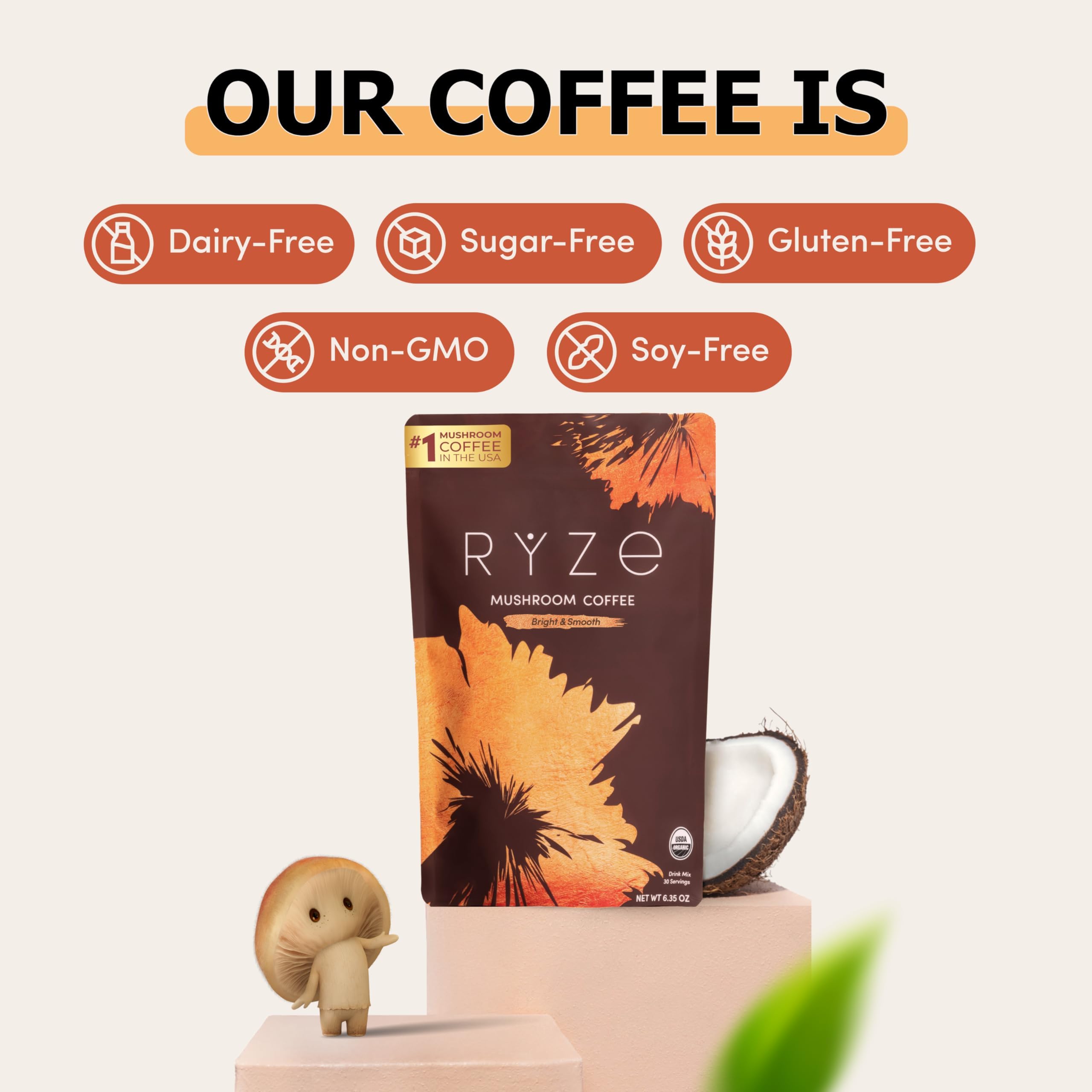 RYZE SUPERFOODS Mushroom Medium Roast Coffee USDA Organic with 6 Adaptogenic Mushrooms, USA Grown Instant Coffee for Better Energy, Focus Digestion Immunity with Lions Mane & Turkey Tail 30. Pack of 1